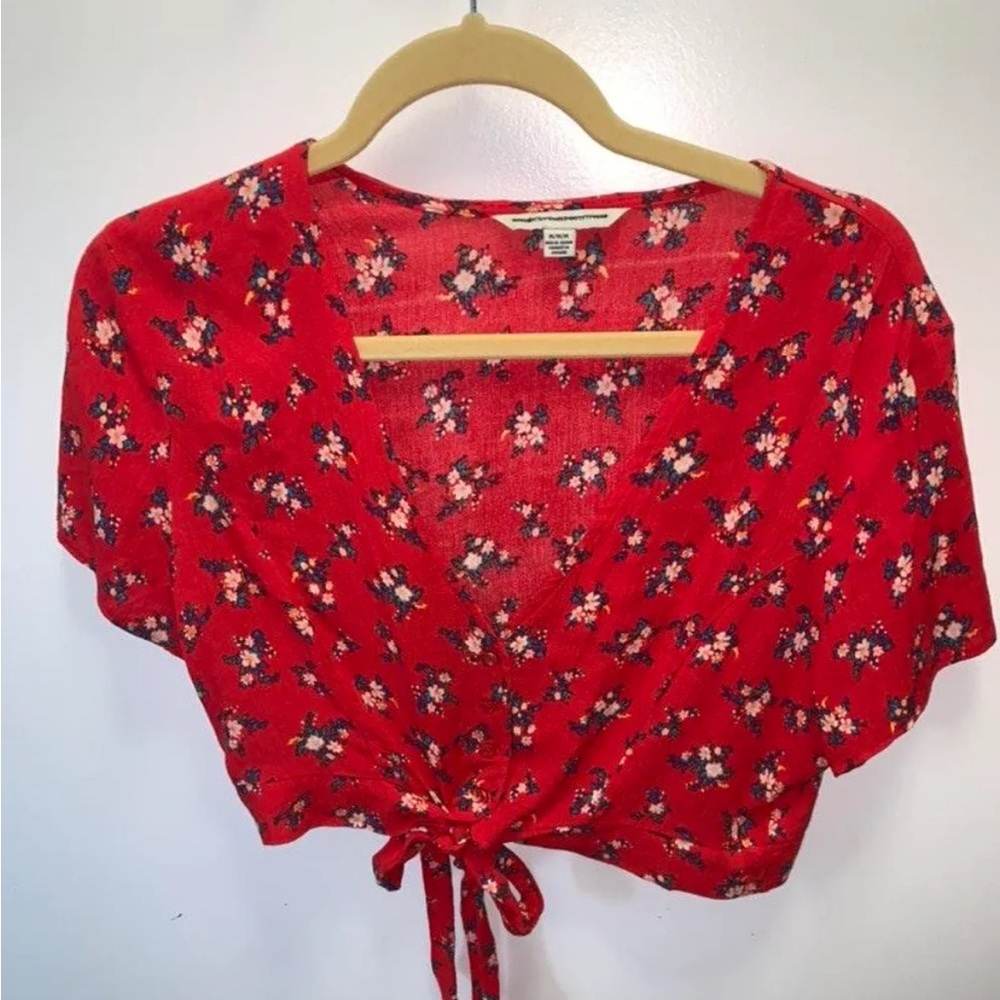 American Eagle Outfitters Red Puff Sleeve Crop Blouse